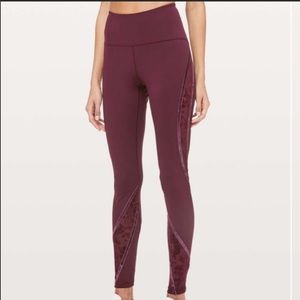 Lululemon wunder under maroon velvet floral detailed leggings